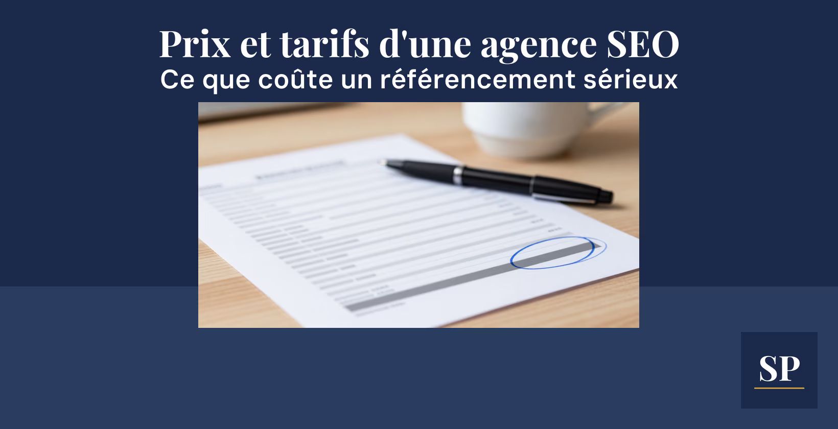 Devis d'agence SEO imprimé sur un bureau, montant mensuel entouré au stylo
